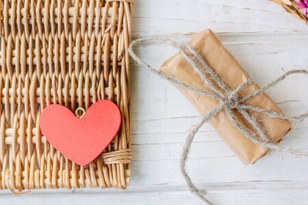 Valentines day gift on white wooden backgroundの写真素材