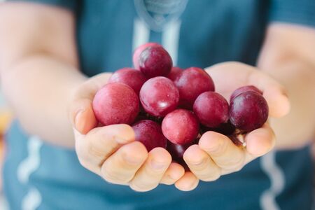 Hands holding fresh grapes over blue background.の写真素材