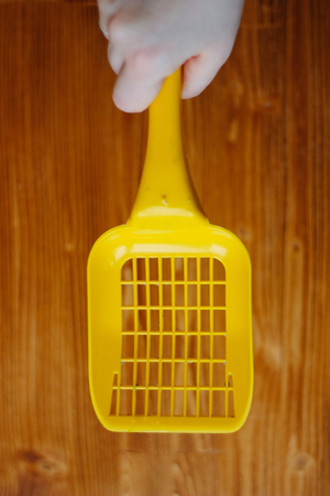 Yellow plastic scoop over the wooden backgroundの写真素材