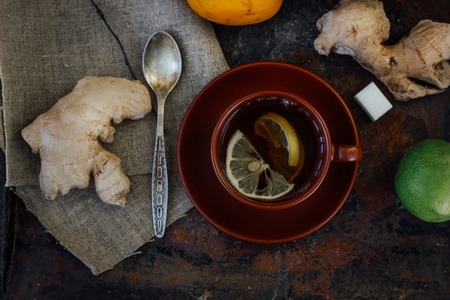 Top view of beautiful ginger tea in ceramic cup.の写真素材