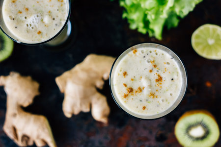 Vegetarian drink - ginger smoothie with banana and kiwi