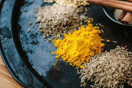 Set of different spices over black metal plateの写真素材