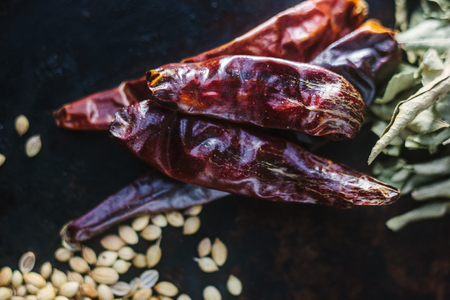 Chili pepper on black metal surface surrounded by spicesの写真素材