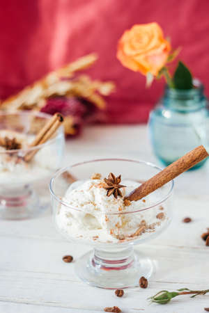 Nice ice cream dessert on white and red background.の写真素材