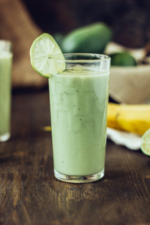 Avocado and banana smoothie - detox and healthy smoothie.の写真素材