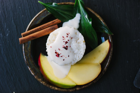 Top view of mango, sticky rice and yougurtの写真素材