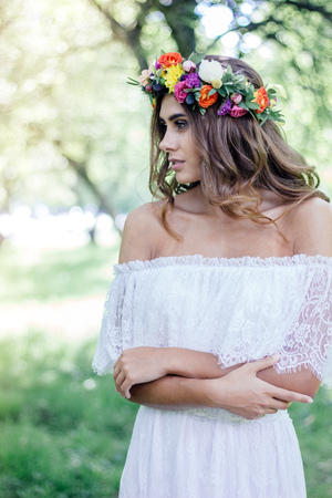 beautiful bride hair style with flower wreath on wedding day.の写真素材