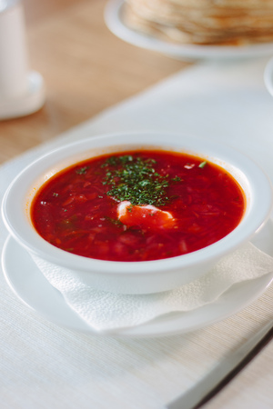 Beautiful ukranian borscht at cafe or restaurantの写真素材