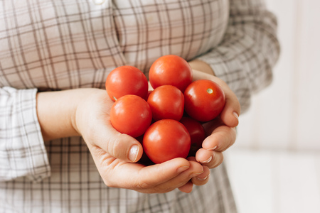 Woman holding fresh and ripe cherry tomatioes in hands.の写真素材