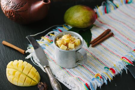 Mango with sticky rice - beautiful sweet dessert.の写真素材