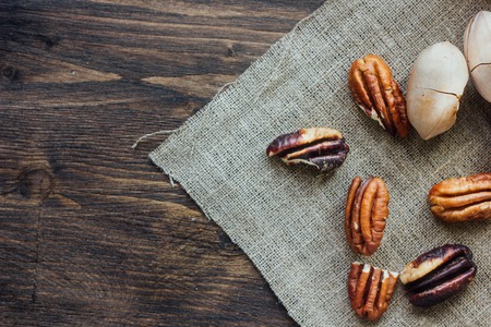 Pecan nuts on clothの写真素材