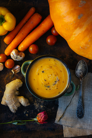 Top view of vegetable cream soup with ginger.の写真素材