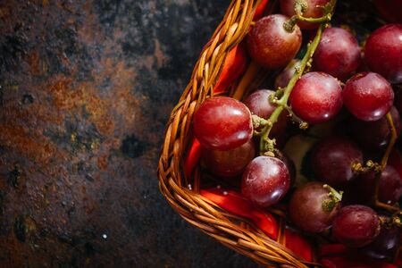 Top view of basket filled by grapesの写真素材