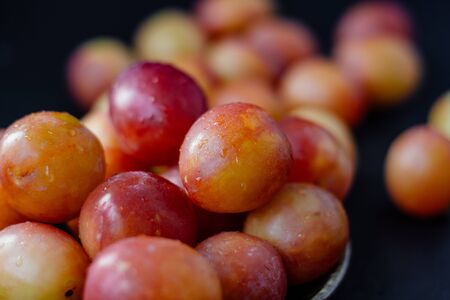 Ripe and beautiful wild plum fruits over black background.の写真素材