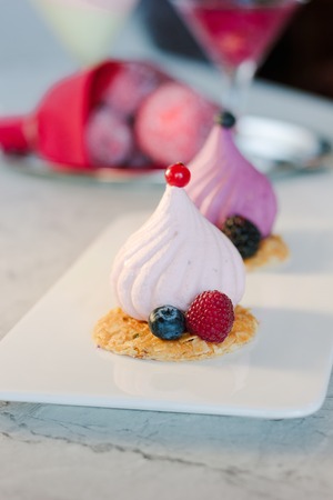White soufle cake on white ceramic plate at restaurant.の写真素材