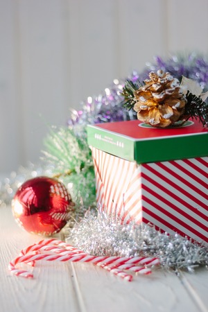 New year gifts and presents on white wooden boardの写真素材