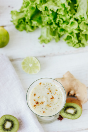 Vegan drink - smothie made from fresh ginger and fruits.の写真素材