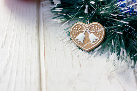 Christmas background with heart on christmas tree.の写真素材