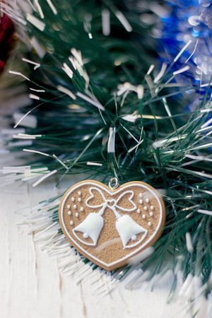 Christmas background with heart on christmas tree.の写真素材