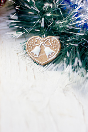 Christmas background with heart on christmas treeの写真素材