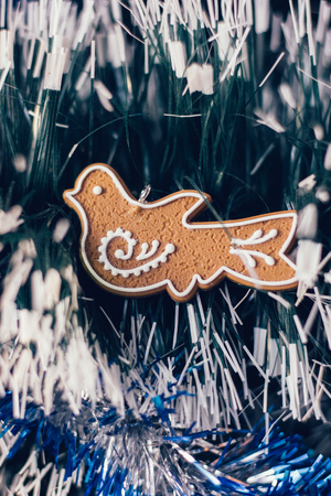 Small dove as christmas symbol, on christmas tree with copy space.の写真素材