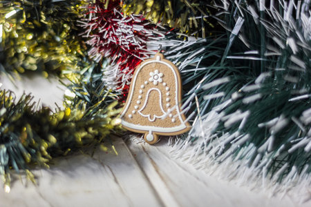 White wooden table with christmas decoration on it.