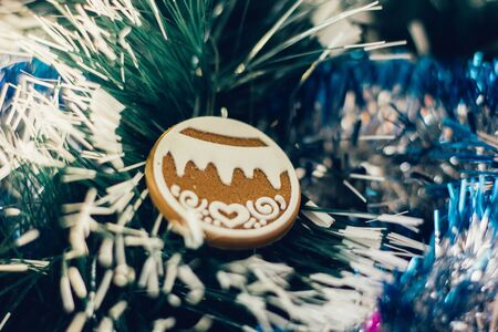 christmas decoration with ball on the branch of christmas tree.の写真素材