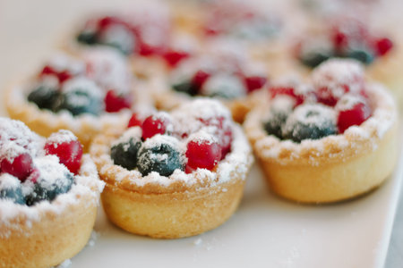 Tartlets with blueberries and raspberry. Small tarts with fruits.の写真素材