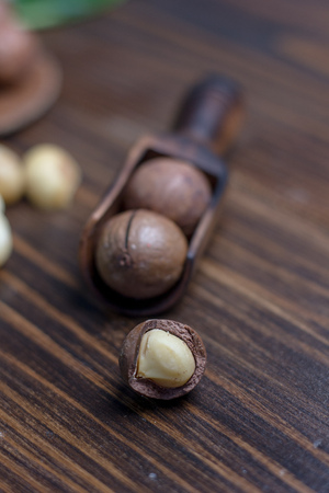 Macadamia nuts in a wooden scoop over the dark table.の写真素材
