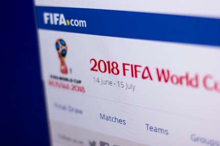 Ryazan, Russia - March 01, 2018 - Official page of 2018 FIFA World Cup Russia at the display of PC.のeditorial素材