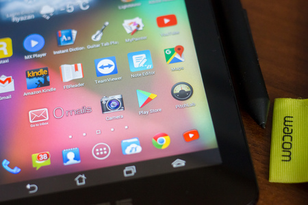 Ryazan, Russia - March 21, 2018 - Mobile apps icons on a display of tablet PC.のeditorial素材