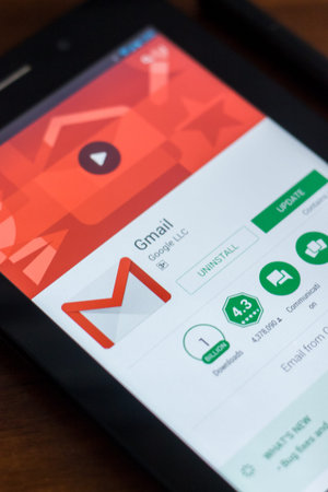 Ryazan, Russia - March 21, 2018 - Gmail app with logo on a display of tablet PC