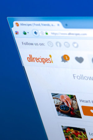 Ryazan, Russia - March 28, 2018 - Homepage of AllRecipes on the display of PC, web address -...