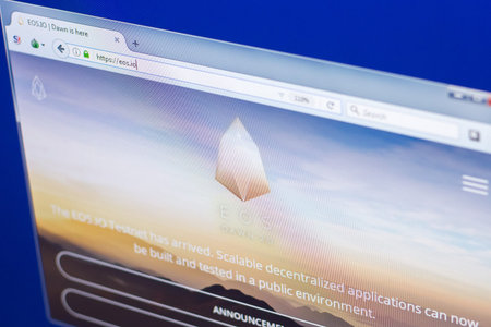 Ryazan, Russia - March 29, 2018 - Homepage of EOS cryptocurrency on the display of PC, web adress -...
