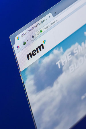 Ryazan, Russia - March 29, 2018 - Homepage of Nem cryptocurrency on PC display, web adress - nem.io.