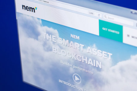 Ryazan, Russia - March 29, 2018 - Homepage of Nem cryptocurrency on PC display, web adress - nem.io.