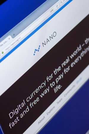 Ryazan, Russia - March 29, 2018 - Homepage of Nano cryptocurrency on display of PC, web address -...
