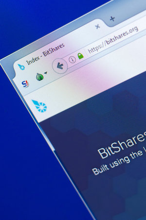 Ryazan, Russia - March 29, 2018 - Homepage of Bitshares cryptocurrency on a display of PC, web...