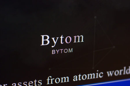 Ryazan, Russia - March 29, 2018 - Homepage of Bytom crypto currency on the PC display, web address -...