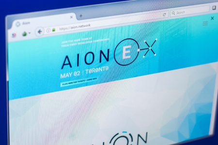 Ryazan, Russia - March 29, 2018 - Homepage of Aion crypto currency on the PC display, web address - Aion.networkのeditorial素材
