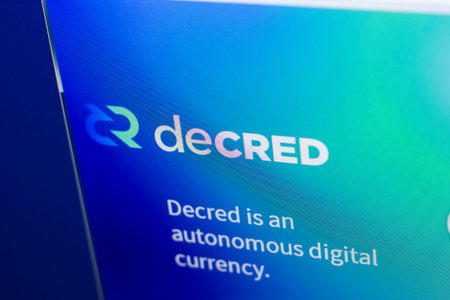 Ryazan, Russia - March 29, 2018 - Homepage of Decred crypto currency on the PC display, web address...