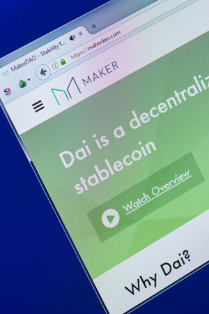 Ryazan, Russia - March 29, 2018 - Homepage of Maker crypto currency on the PC display, web address -...