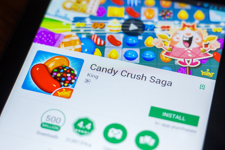 Ryazan, Russia - March 21, 2018 - Candy Crash Saga mobile app on the display of tablet PCのeditorial素材