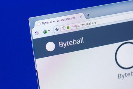 Ryazan, Russia - March 29, 2018 - Homepage of Byteball crypty currency on the display of PCのeditorial素材