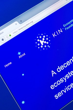 Ryazan, Russia - March 29, 2018 - Homepage of Kin crypto currency on the display of PC, web address - kinecosystem.org.のeditorial素材