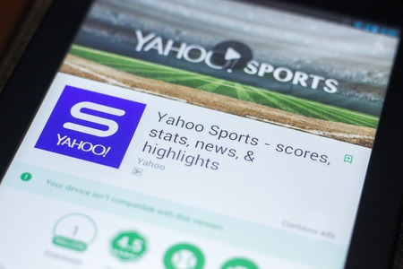 Ryazan, Russia - April 19, 2018 - Yahoo Sports mobile app on the display of tablet PCのeditorial素材