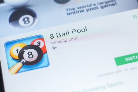 Ryazan, Russia - April 19, 2018 - 8 Ball Pool mobile app on the display of tablet PCのeditorial素材
