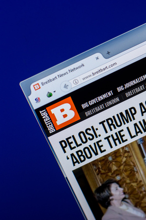 Ryazan, Russia - April 16, 2018 - Homepage of Breitbart website on the display of PC, url - Breitbart.comのeditorial素材