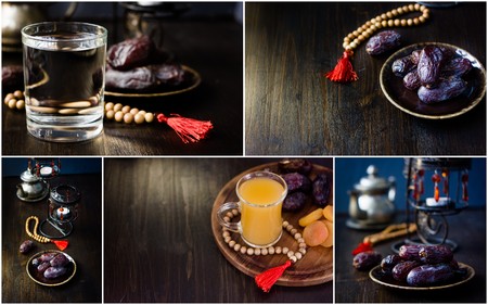 Ramadan and iftar food collage, dates, water and juiceの写真素材