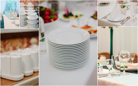 Wedding catering collage - food and crockery for rehearsal dinner